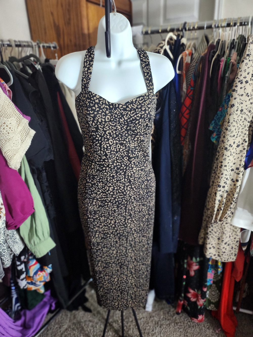 Black and Beige Leopard Halter Midi Dress
